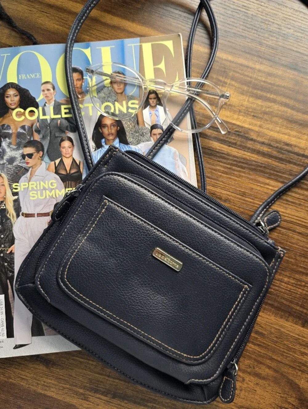 Compact Navy Crossbody with Front Pocket and Gold Accent